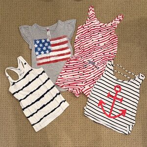 Girls size medium red, white & blue bundle with tanks, shirt and romper.